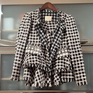 Rebecca Taylor Tweed Set Black White Fringe Jacket + Skirt Chanel Style size 4
